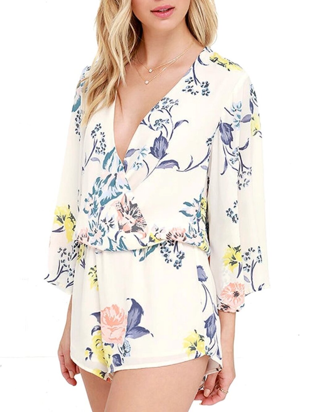 NWT Cream Floral Bell-Sleeve Romper - Women's Size L 1-Pc Kimono-Style Short Set - Picture 7 of 9